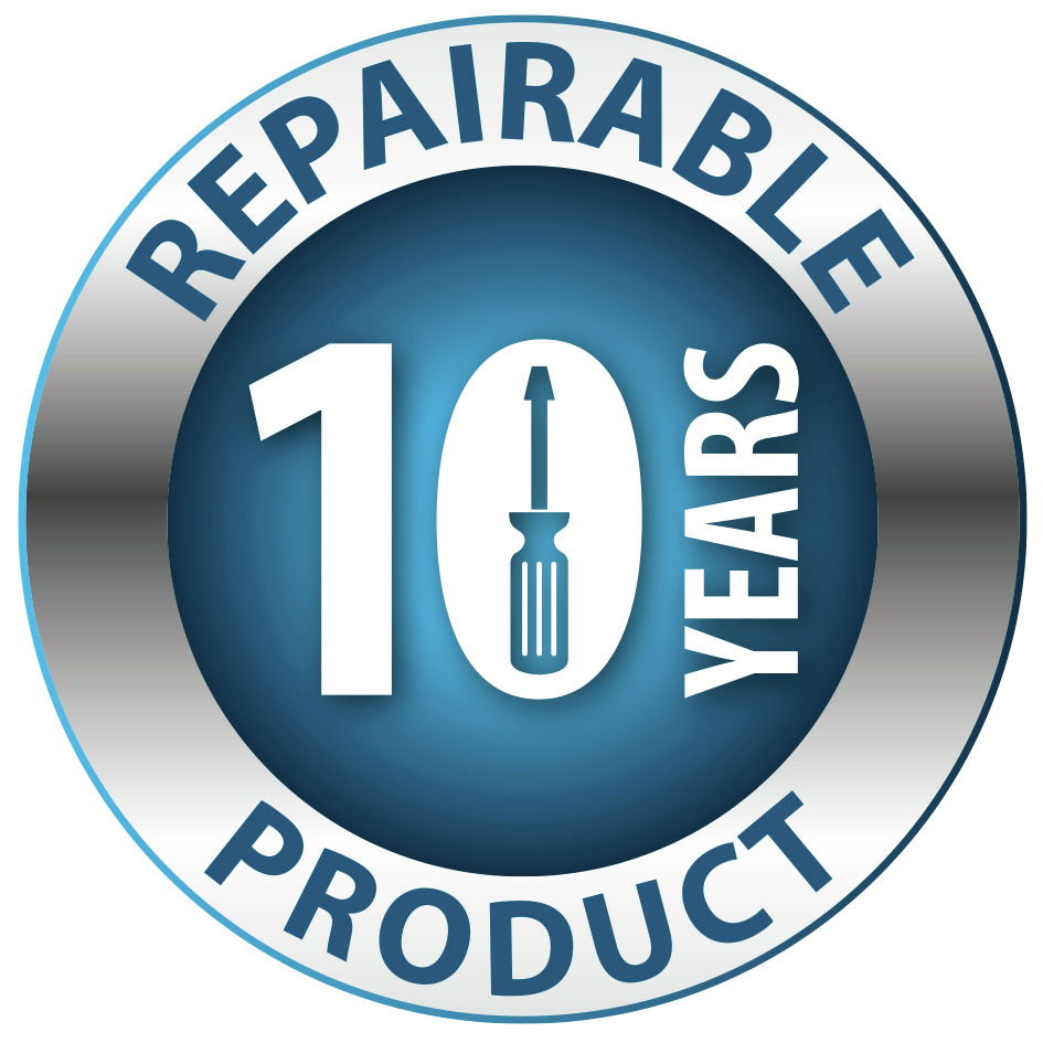 Logo mit der Aufschrift '10 Jahre reparierbares Produkt' in blauer und silberner Farbe, mit einem Schraubendreher-Symbol in der Mitte, aus der Vorderansicht.