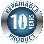 Logo mit der Aufschrift '10 Jahre reparierbares Produkt' in blauer und silberner Farbe, mit einem Schraubendreher-Symbol in der Mitte, aus der Vorderansicht.