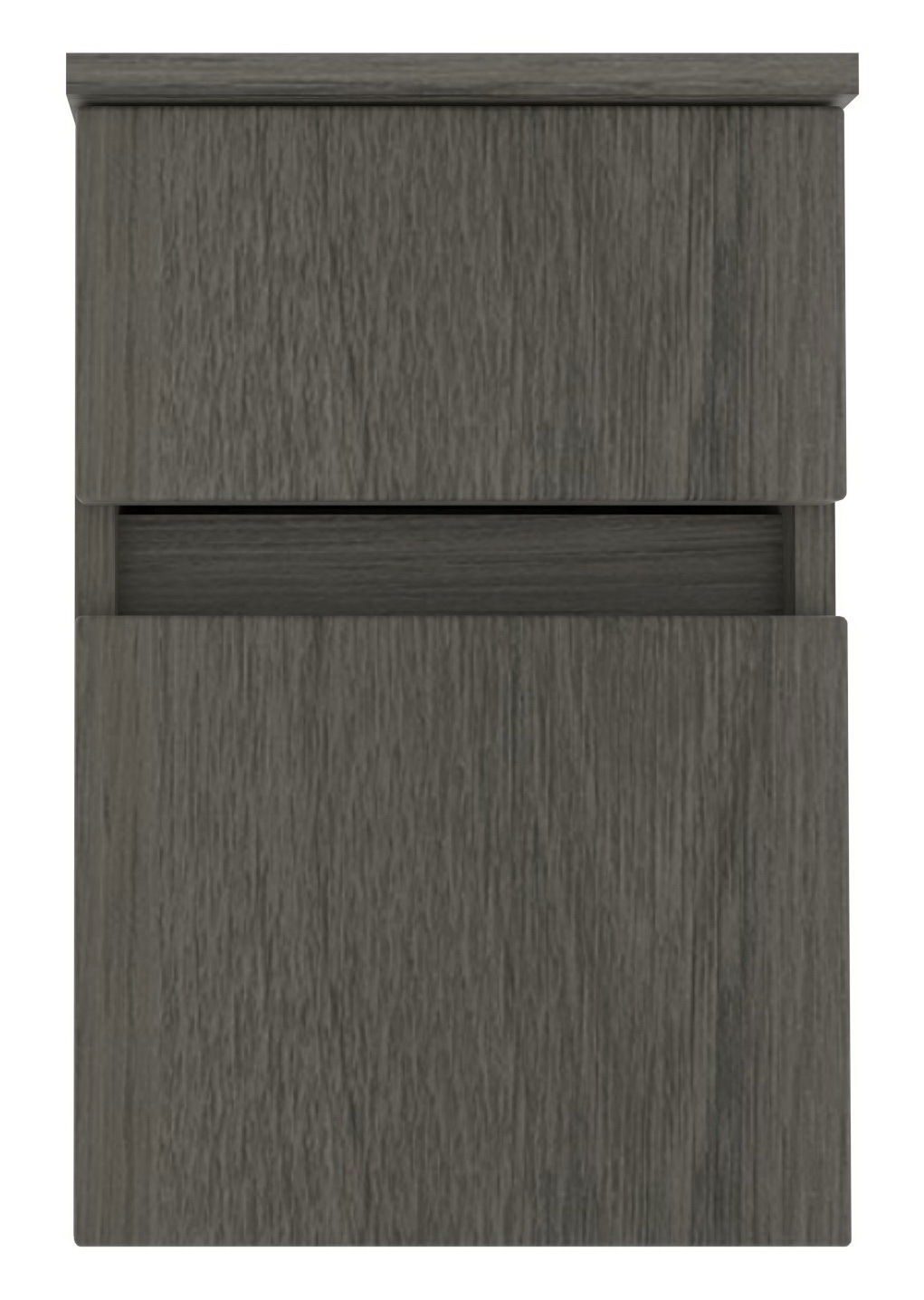 Frontansicht eines modernen, dunkelgrauen Unterschranks mit zwei Schubladen.