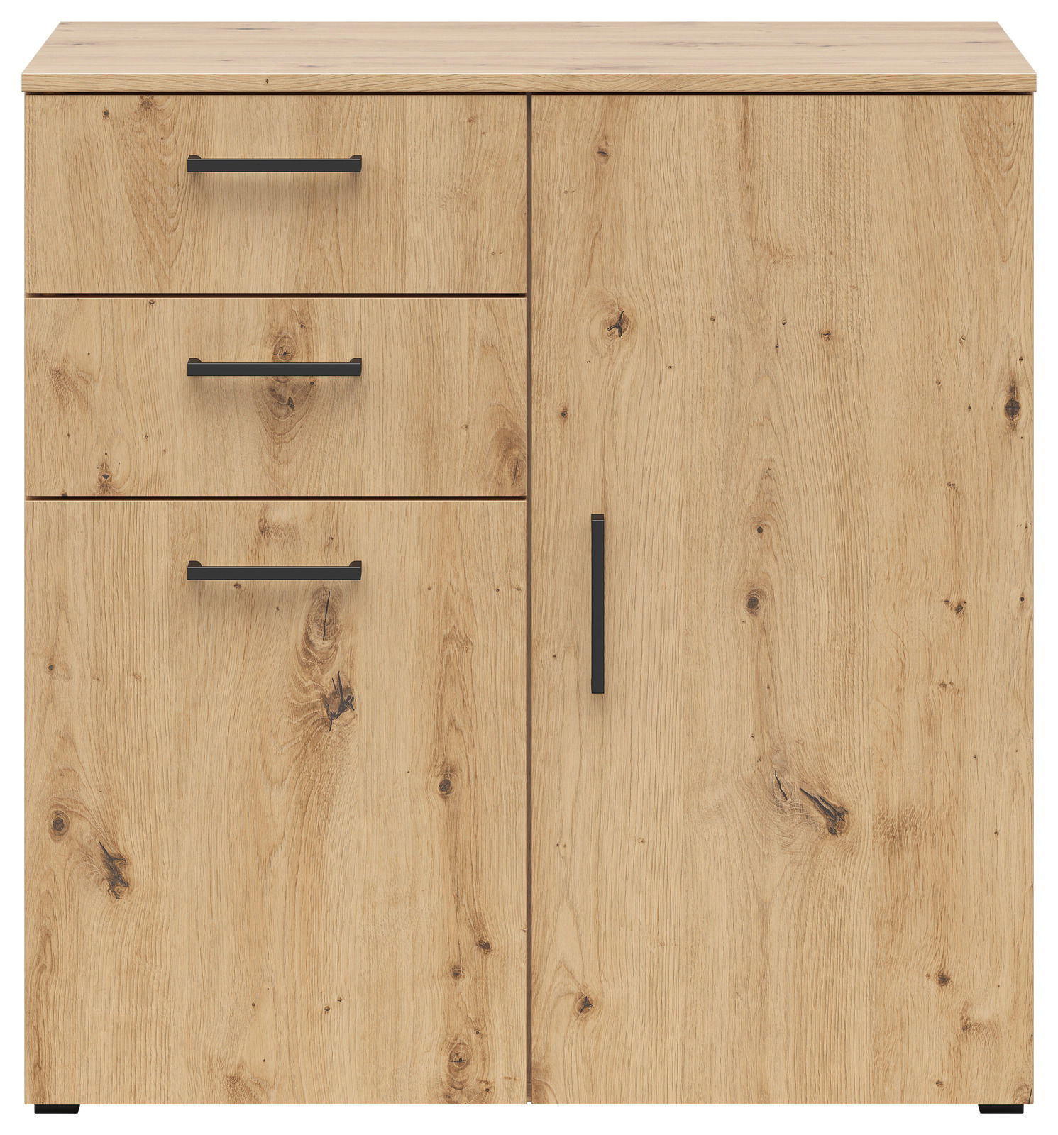 Kommode aus hellem Holz mit drei Schubladen und einer Tür, schwarze Griffe, Frontalansicht