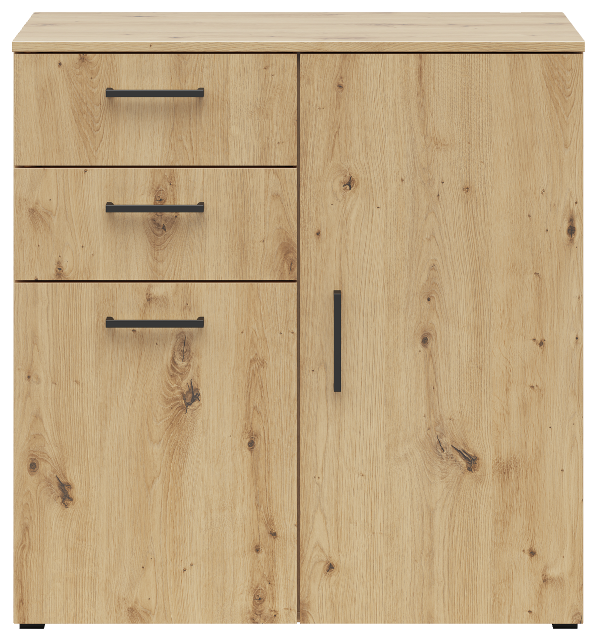 Kommode aus hellem Holz mit drei Schubladen und einer Tür, schwarze Griffe, Frontalansicht