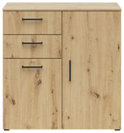 Kommode aus hellem Holz mit drei Schubladen und einer Tür, schwarze Griffe, Frontalansicht