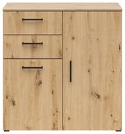 Kommode aus hellem Holz mit drei Schubladen und einer Tür, schwarze Griffe, Frontalansicht