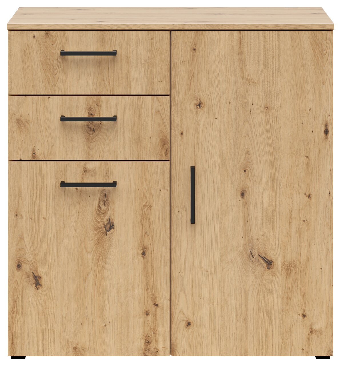 Kommode aus hellem Holz mit drei Schubladen und einer Tür, schwarze Griffe, Frontalansicht