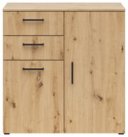 Kommode aus hellem Holz mit drei Schubladen und einer Tür, schwarze Griffe, Frontalansicht