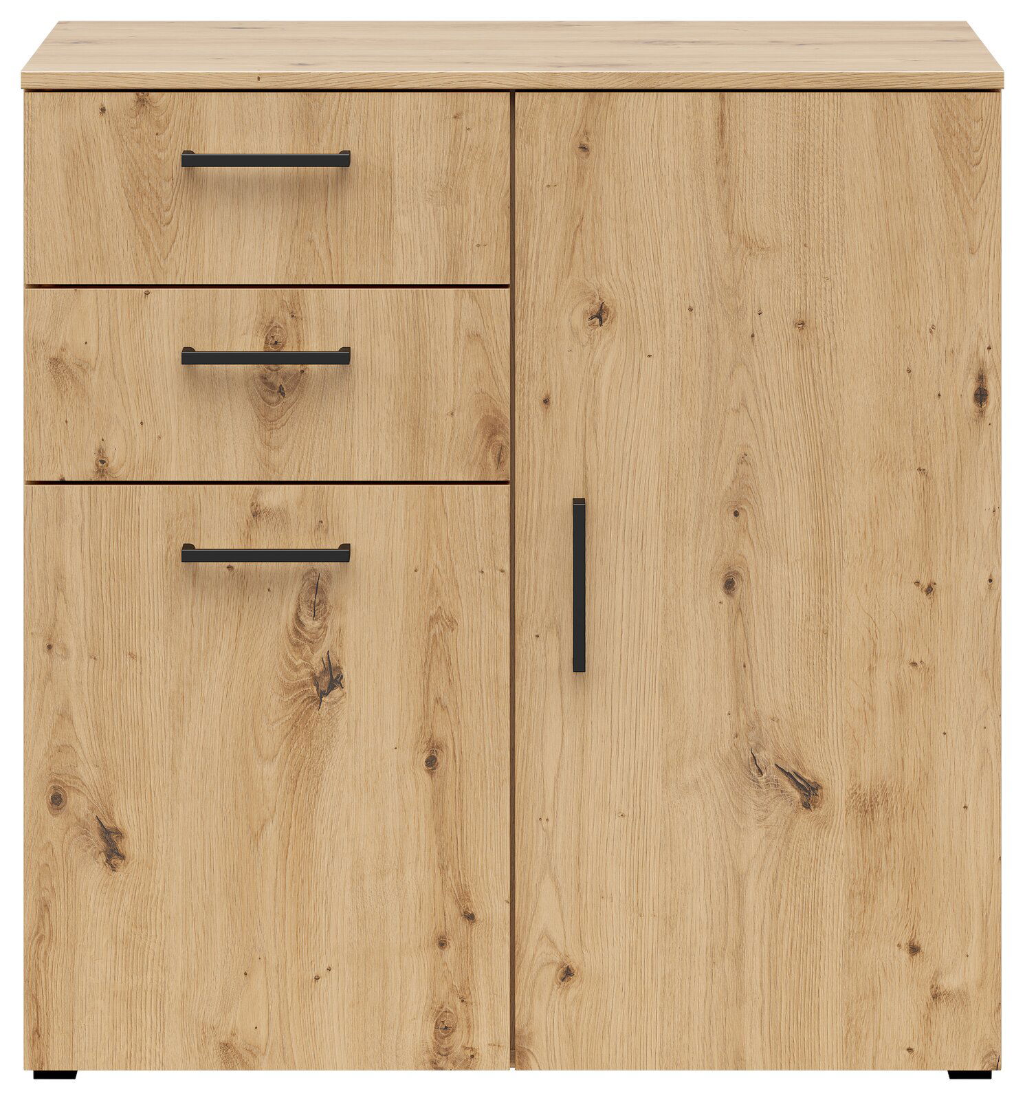 Kommode aus hellem Holz mit drei Schubladen und einer Tür, schwarze Griffe, Frontalansicht