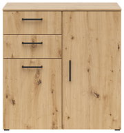 Kommode aus hellem Holz mit drei Schubladen und einer Tür, schwarze Griffe, Frontalansicht