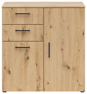 Kommode aus hellem Holz mit drei Schubladen und einer Tür, schwarze Griffe, Frontalansicht