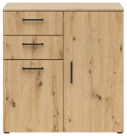 Kommode aus hellem Holz mit drei Schubladen und einer Tür, schwarze Griffe, Frontalansicht