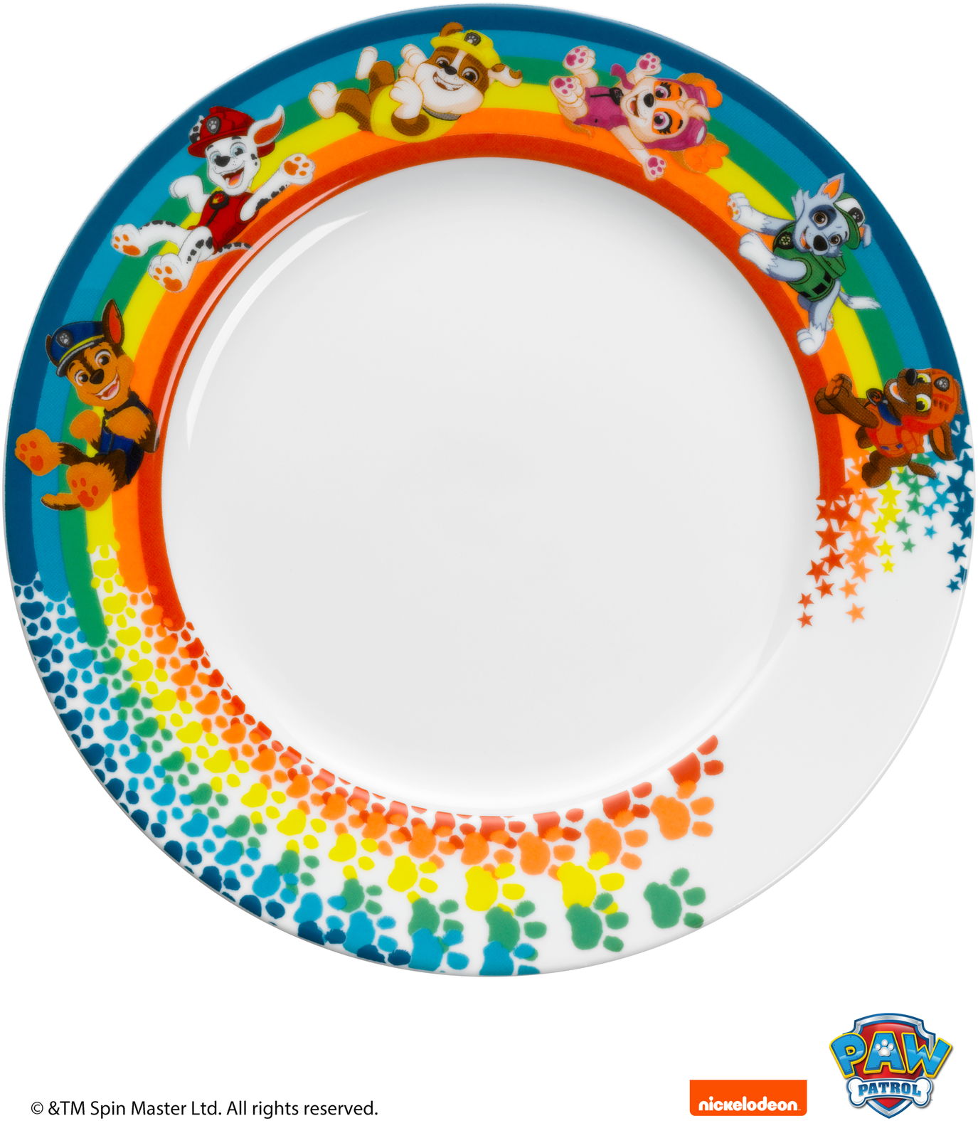 Paw Patrol Kinderteller mit buntem Rand und Charakteren, von oben fotografiert