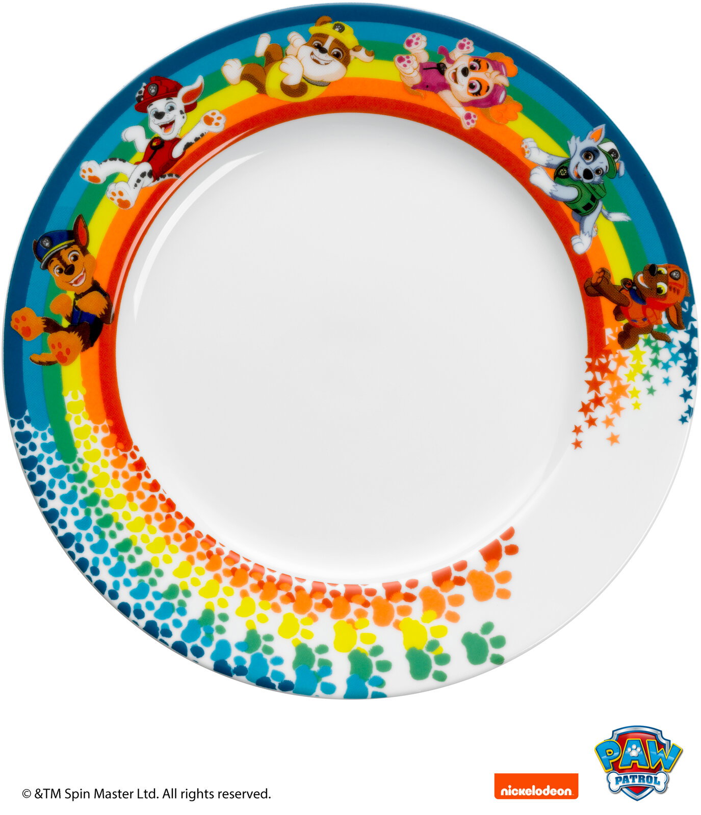 Paw Patrol Kinderteller mit buntem Rand und Charakteren, von oben fotografiert