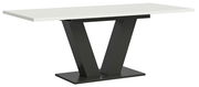 Moderner Esstisch mit weißer Tischplatte und schwarzem V-förmigem Gestell, seitliche Perspektive