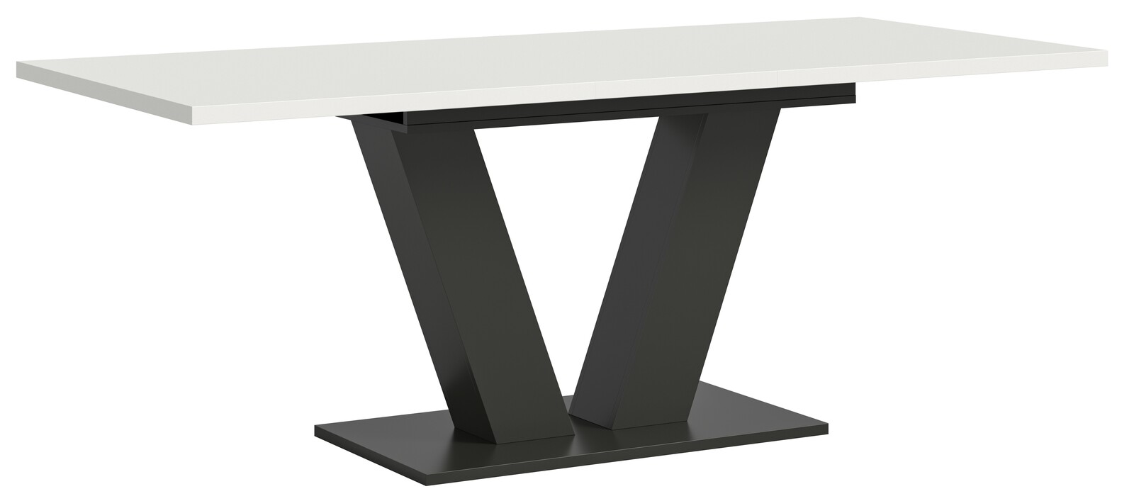Moderner Esstisch mit weißer Tischplatte und schwarzem V-förmigem Gestell, seitliche Perspektive