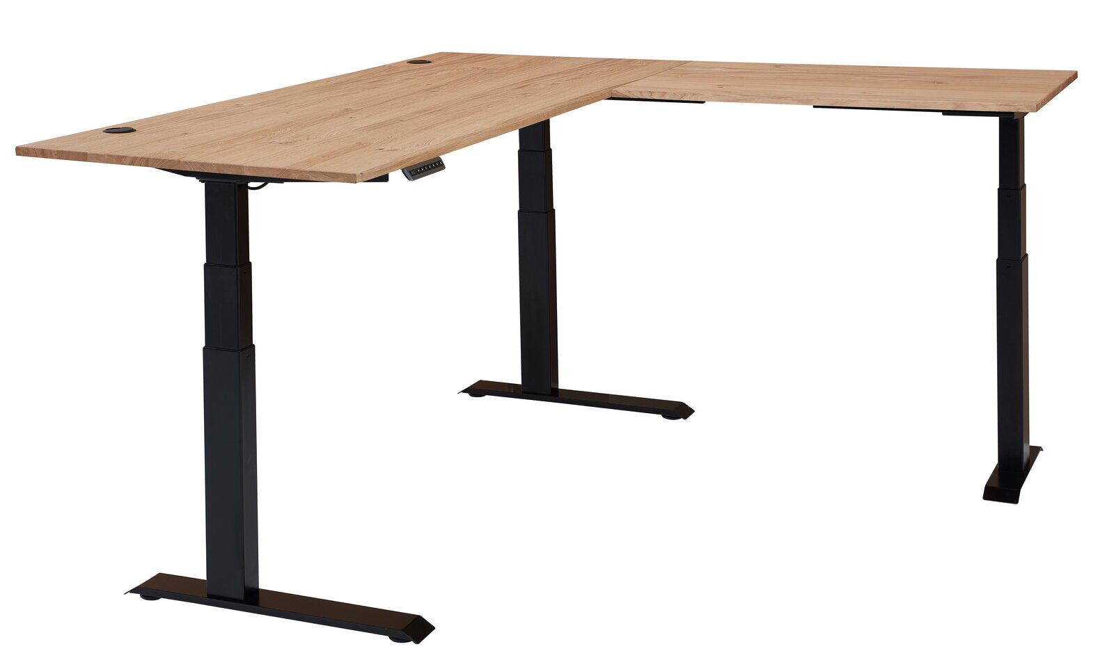 Moderner höhenverstellbarer E-Eckschreibtisch aus Melamin mit schwarzem Gestell, seitliche Perspektive