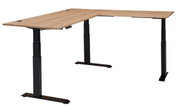 Modern, in hoogte verstelbaar elektrisch hoekbureau van melamine met zwart onderstel, zijaanzicht