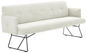 Zweisitzer-Sofa mit hellgrauem Stoffbezug und schwarzen Metallbeinen, seitliche Perspektive