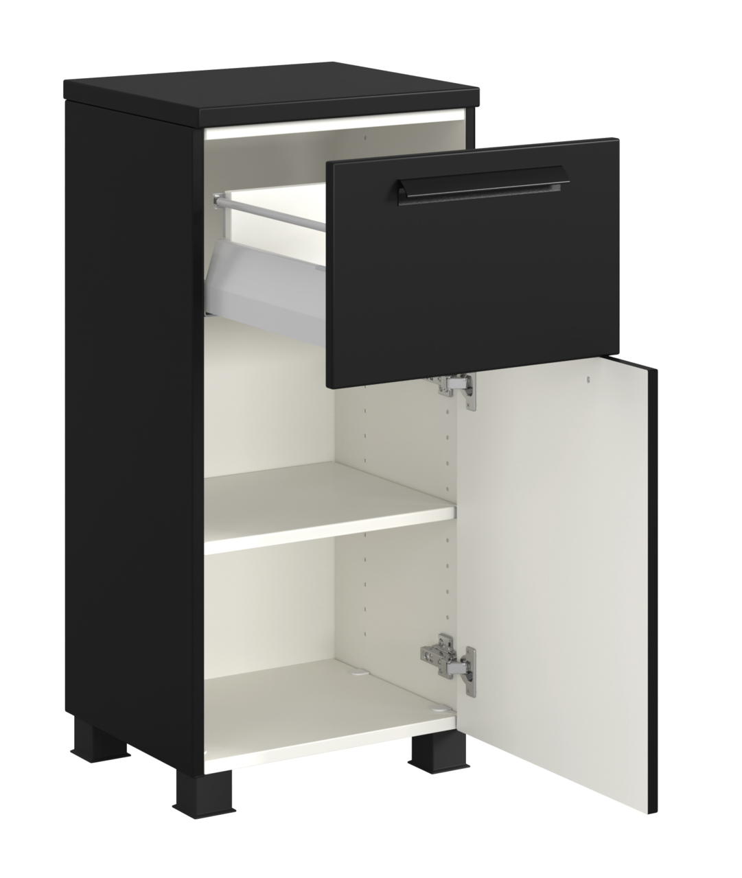 Schwarzer Unterschrank mit einer Schublade und zwei offenen Türen, seitliche Perspektive