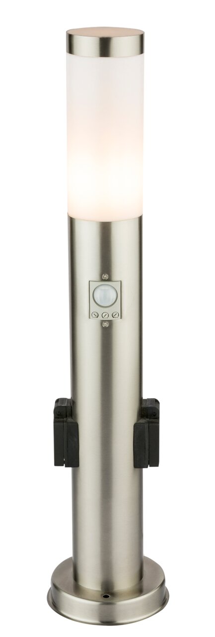 Globo Lighting Außenleuchte BOSTON I Moderne Edelstahl-Außenleuchte mit zylindrischem Design, Bewegungsmelder und Steckdosen, frontal abgebildet.