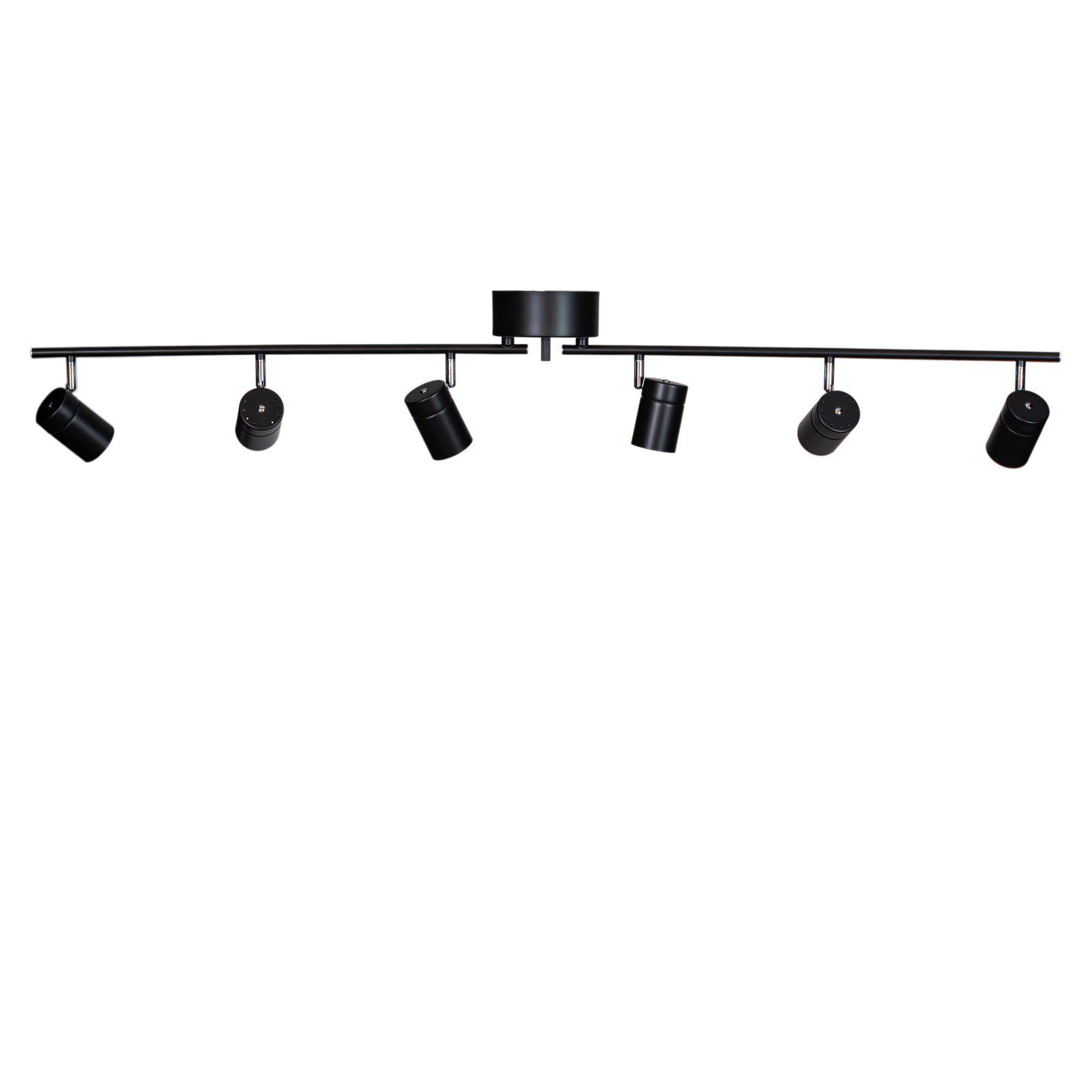Schwarze Deckenleuchte mit sechs verstellbaren Spots, seitliche Perspektive