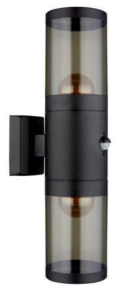 Moderne Außenleuchte in zylindrischer Form mit schwarzem Gehäuse und transparentem Glas, seitliche Ansicht.