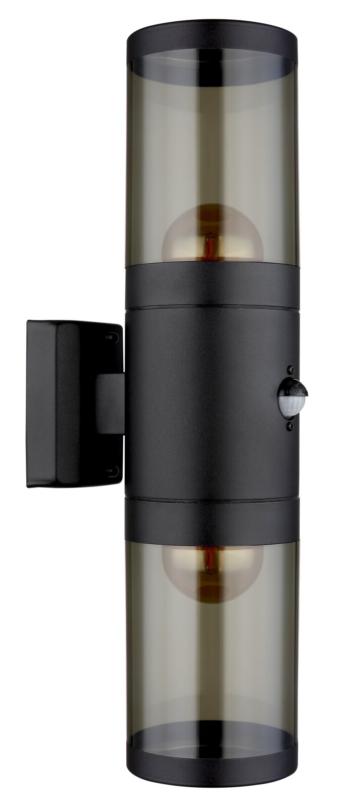 Moderne Außenleuchte in zylindrischer Form mit schwarzem Gehäuse und transparentem Glas, seitliche Ansicht.