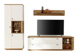 Frontale Ansicht der Wandkombination Novel Manitoba mit weißem und holzfarbenem Design, bestehend aus einem hohen Schrank, einem TV-Board und einem Wandregal.