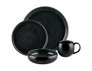 Schwarzes Kombiservice 16-tlg. bestehend aus Teller, Schüssel und Tasse, seitliche Perspektive
