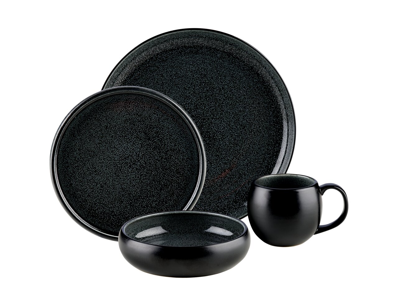 Schwarzes Kombiservice 16-tlg. bestehend aus Teller, Schüssel und Tasse, seitliche Perspektive