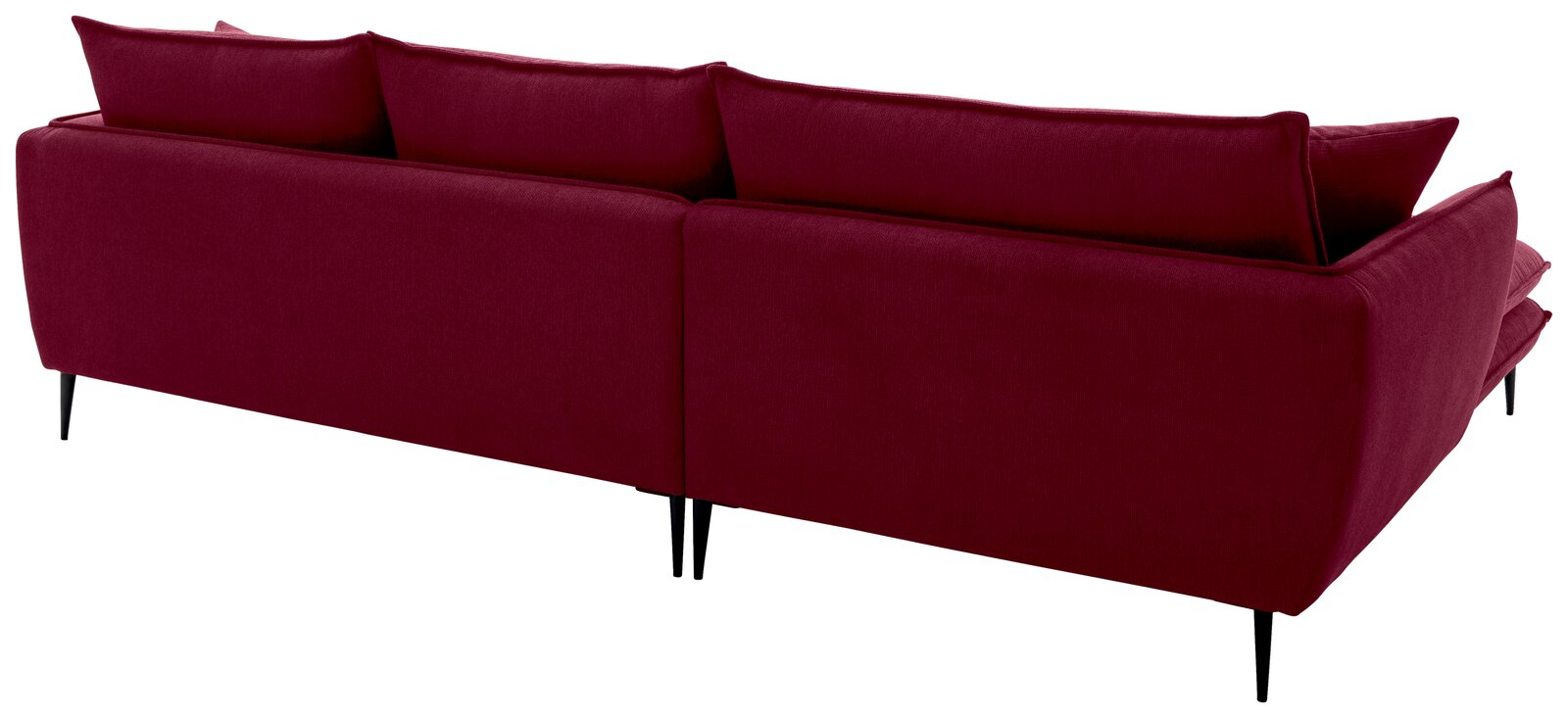 Bordeauxrotes Polstersofa mit hohen Rückenkissen und schlanken schwarzen Metallfüßen, Ansicht von hinten in leichter Schrägperspektive.