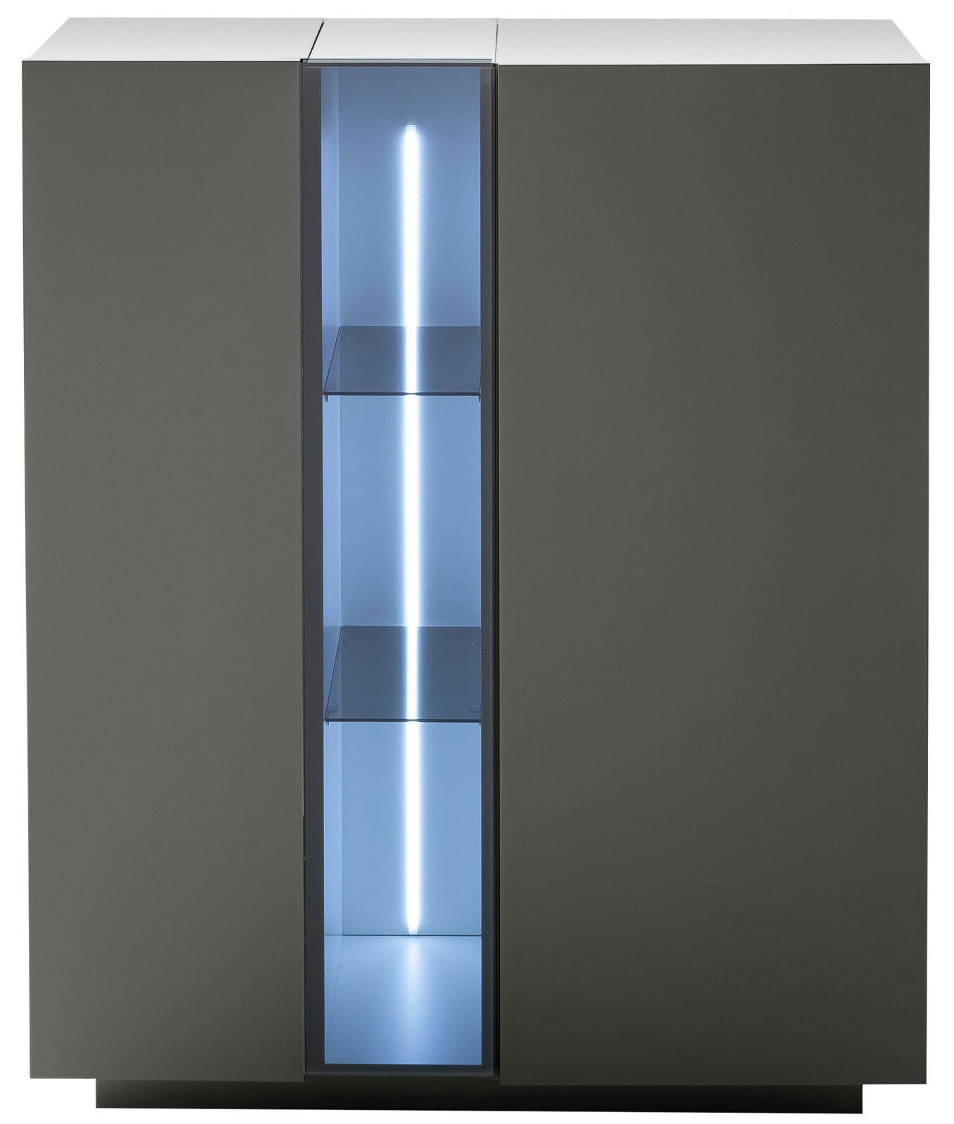 Frontansicht eines modernen Highboards mit integrierter LED-Beleuchtung und Glasregalen.
