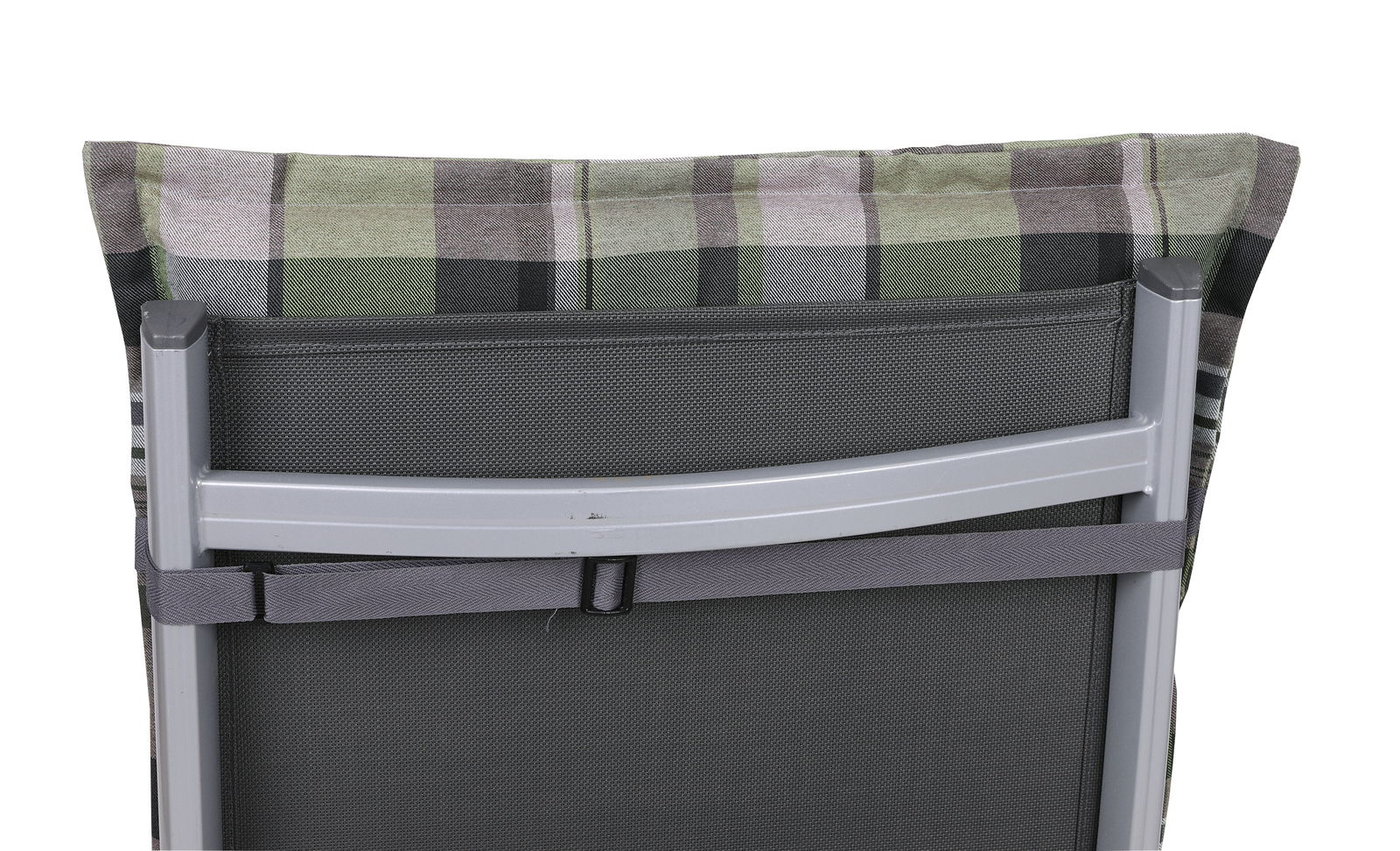 Rückansicht einer Sesselauflage mit grün-grauem Karomuster, befestigt an einem Metallstuhl.