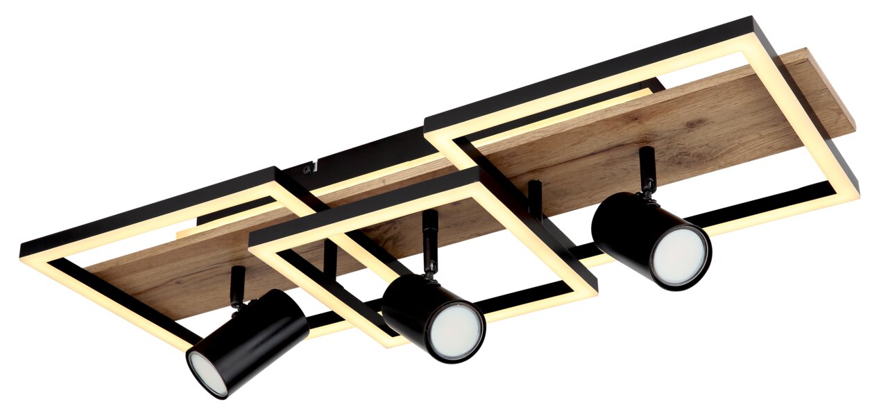 Moderne Deckenleuchte mit Holz- und Metallelementen, seitliche Perspektive