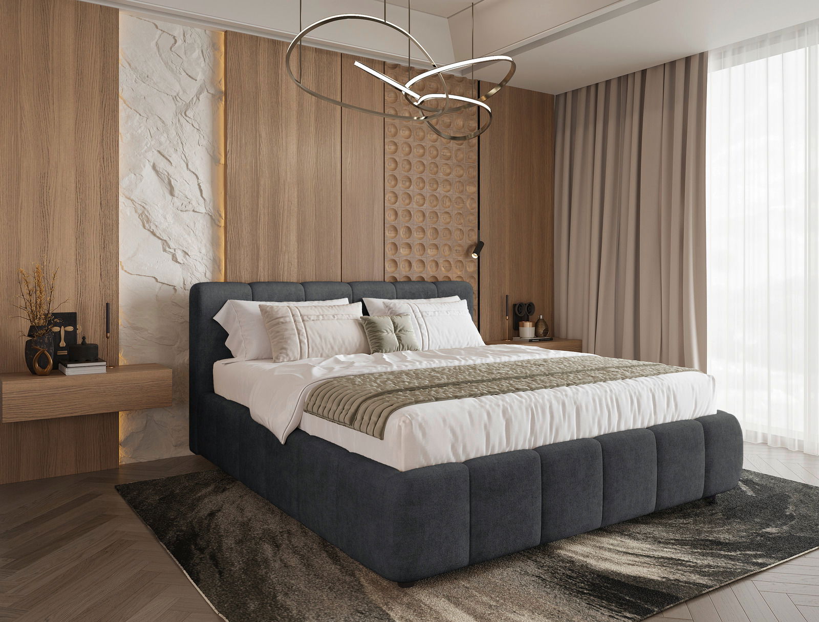 Modernes Polsterbettgestell in einem stilvollen Schlafzimmer, seitliche Perspektive.