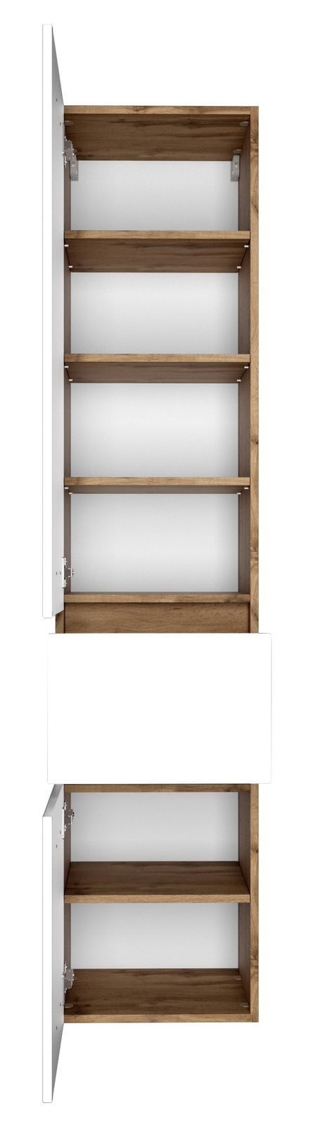 Hochschrank mit geöffneter Tür, Holzoptik innen, weiße Außenseite, Frontansicht