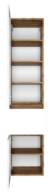Hochschrank mit geöffneter Tür, Holzoptik innen, weiße Außenseite, Frontansicht