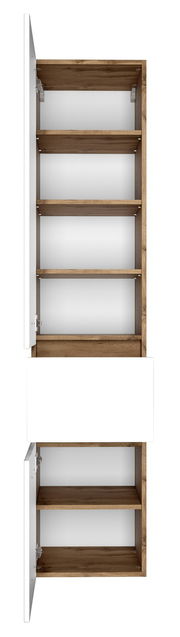 Hochschrank mit geöffneter Tür, Holzoptik innen, weiße Außenseite, Frontansicht