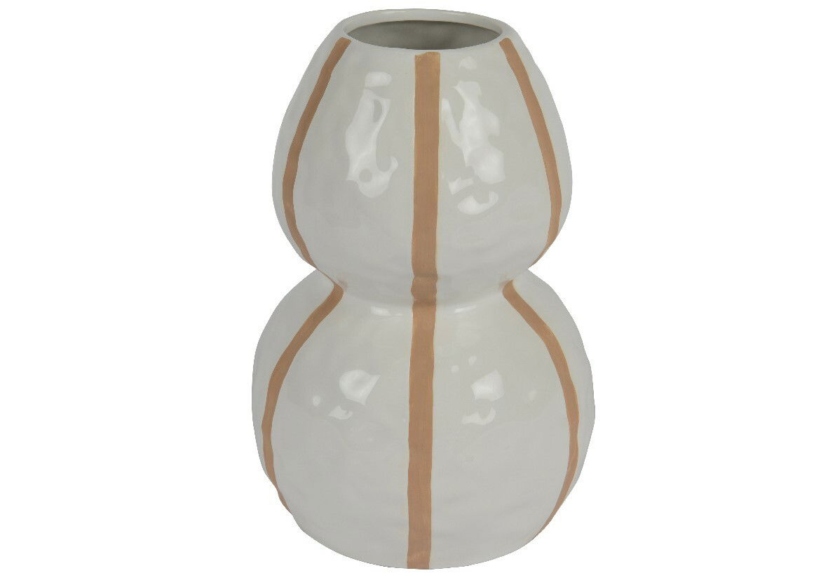 Weiße Vase mit braunen vertikalen Streifen, aus einer frontalen Perspektive fotografiert.