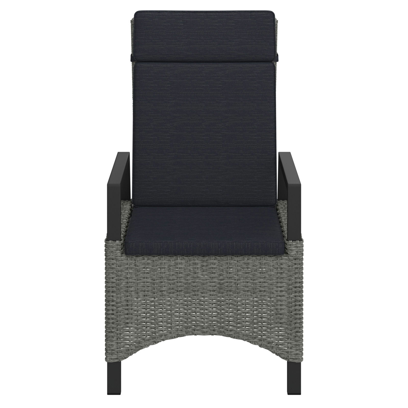 Gartensessel aus Rattan mit dunklen Kissen, Vorderansicht