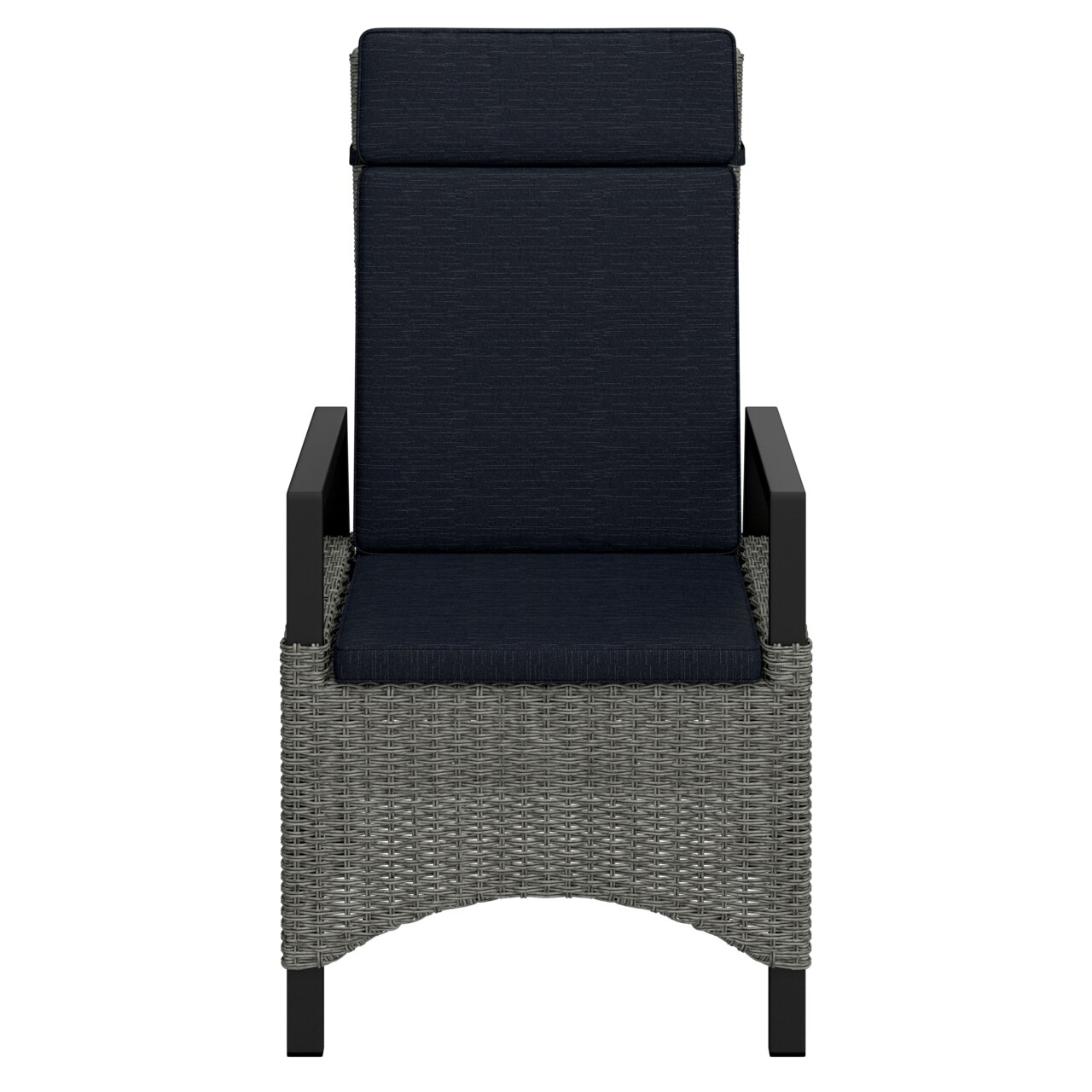 Gartensessel aus Rattan mit dunklen Kissen, Vorderansicht