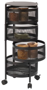 Schwarzer Allzweckwagen mit drei runden Ablagen aus Metallgitter, gefüllt mit Vorratsgläsern, auf Rollen, seitliche Perspektive.