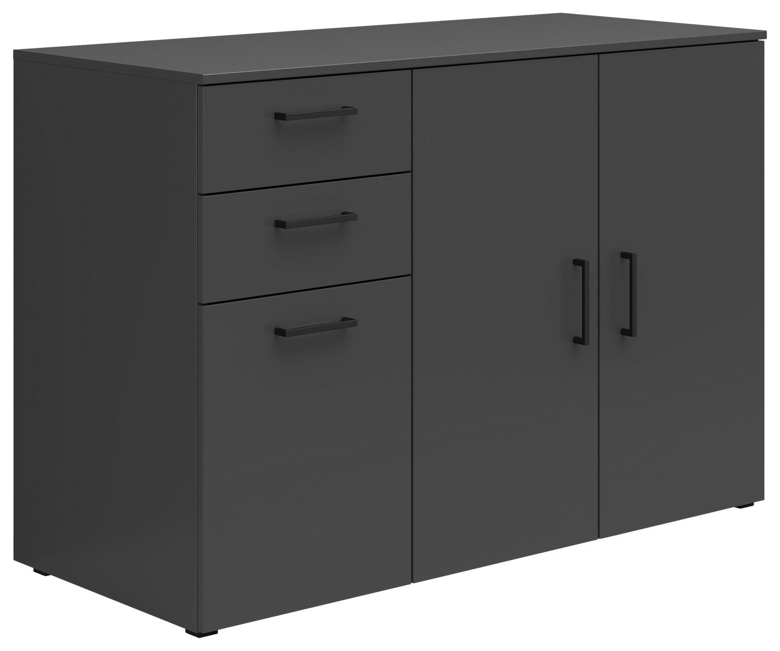 Carryhome Kommode MULTISTAURAUM Schwarze Kommode mit drei Schubladen und zwei Türen, seitliche Perspektive