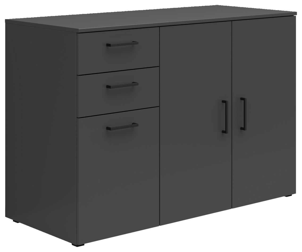 Carryhome Kommode MULTISTAURAUM Schwarze Kommode mit drei Schubladen und zwei Türen, seitliche Perspektive