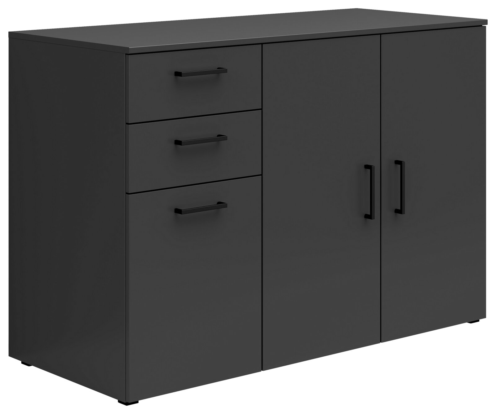 Carryhome Kommode MULTISTAURAUM Schwarze Kommode mit drei Schubladen und zwei Türen, seitliche Perspektive