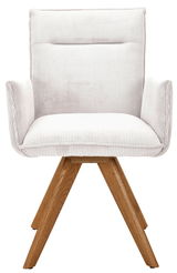 Frontansicht eines modernen Armlehnstuhls mit hellem, geripptem Stoffbezug und Holzbeinen.