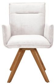 Frontansicht eines modernen Armlehnstuhls mit hellem, geripptem Stoffbezug und Holzbeinen.