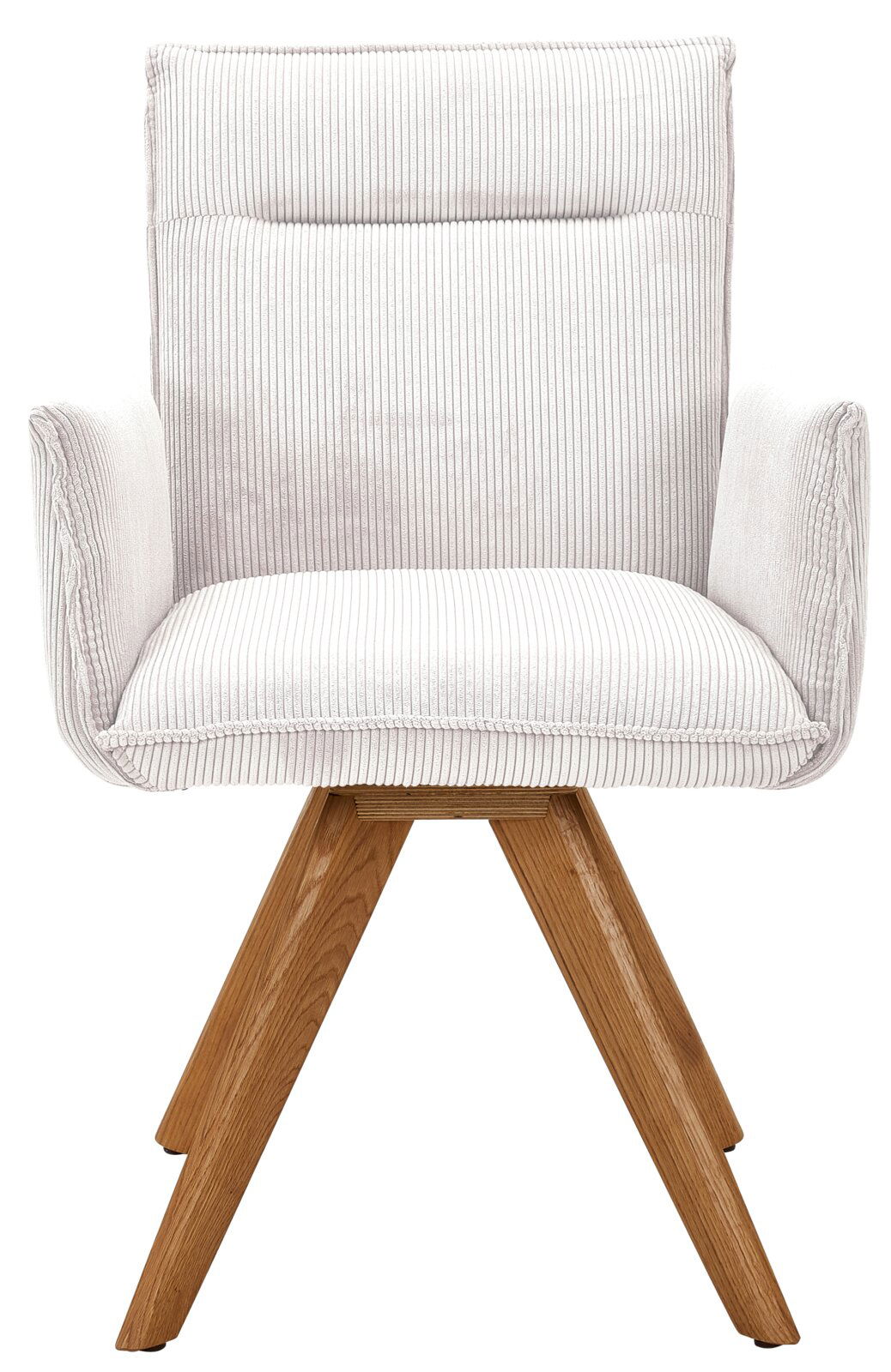 Frontansicht eines modernen Armlehnstuhls mit hellem, geripptem Stoffbezug und Holzbeinen.