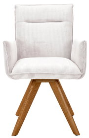 Frontansicht eines modernen Armlehnstuhls mit hellem, geripptem Stoffbezug und Holzbeinen.