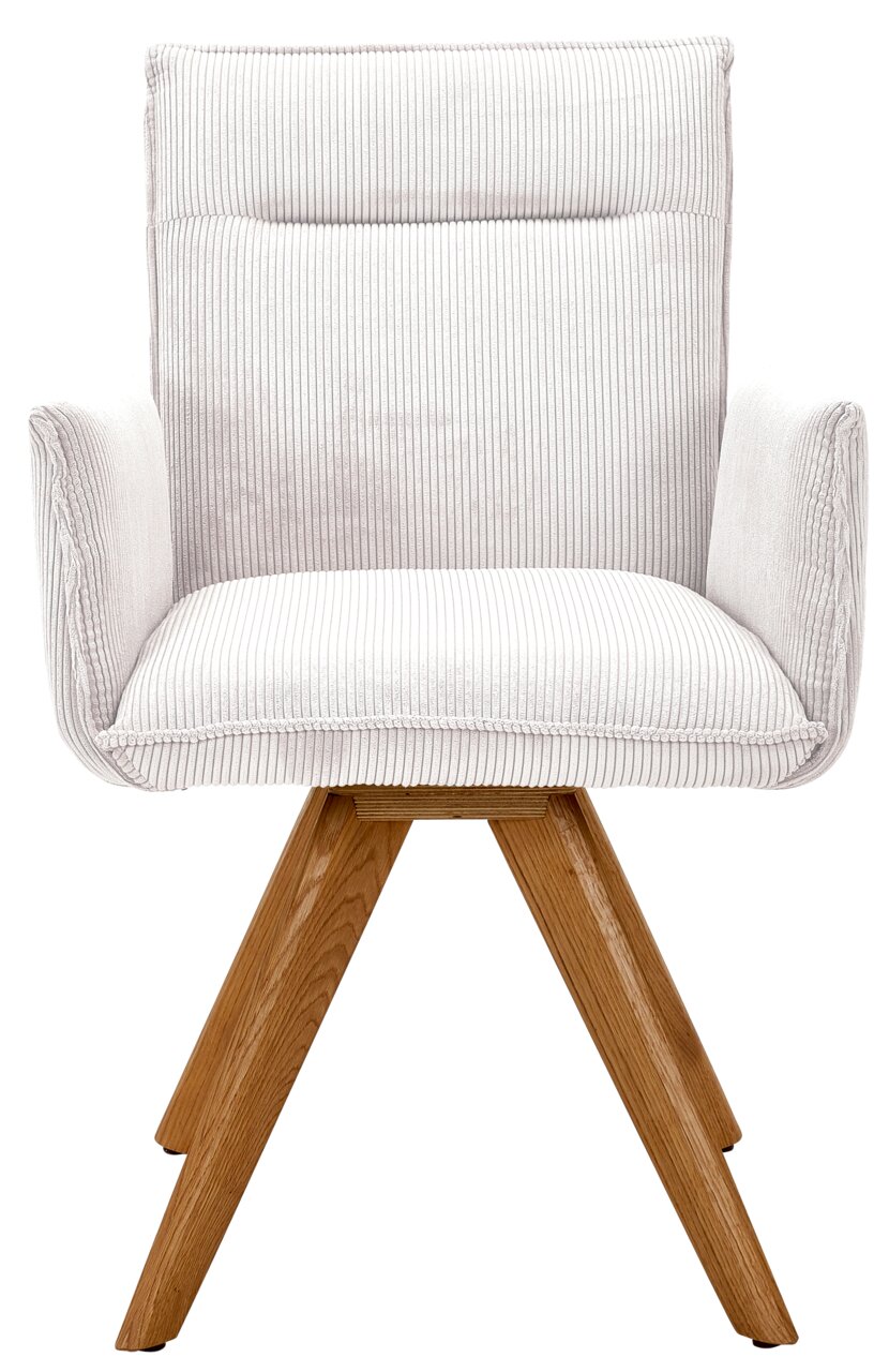 Frontansicht eines modernen Armlehnstuhls mit hellem, geripptem Stoffbezug und Holzbeinen.