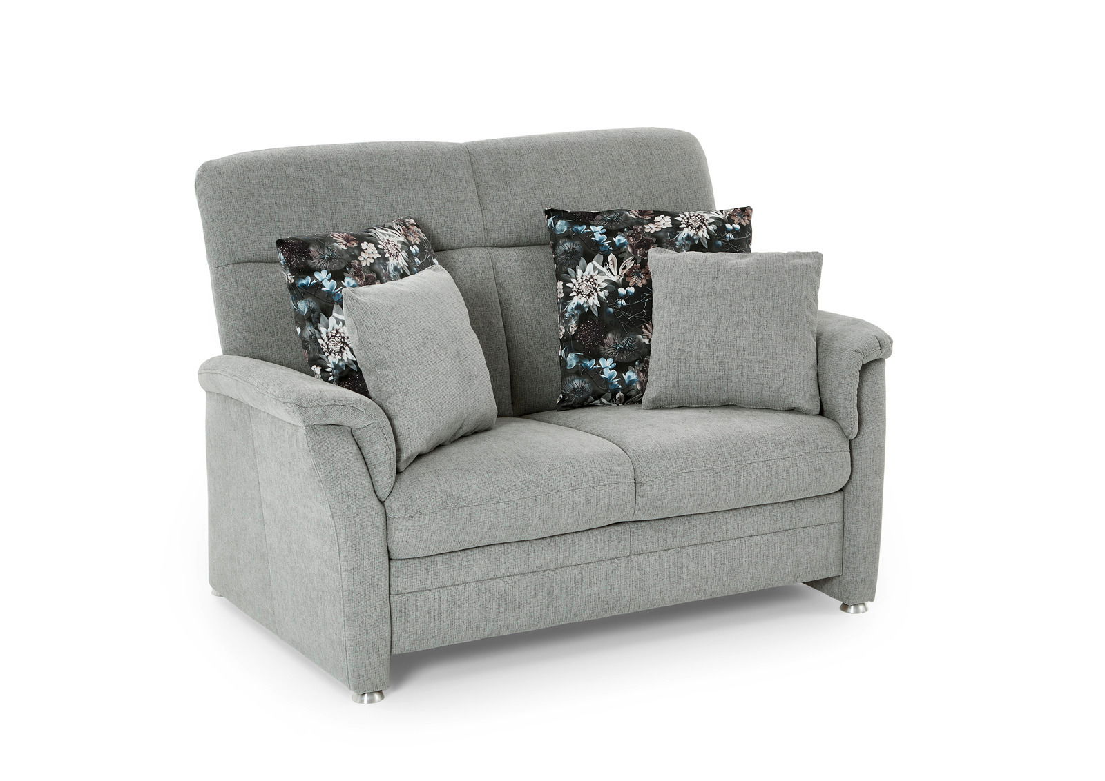 Graues 2er-Sofa mit floral gemusterten Kissen, seitliche Perspektive