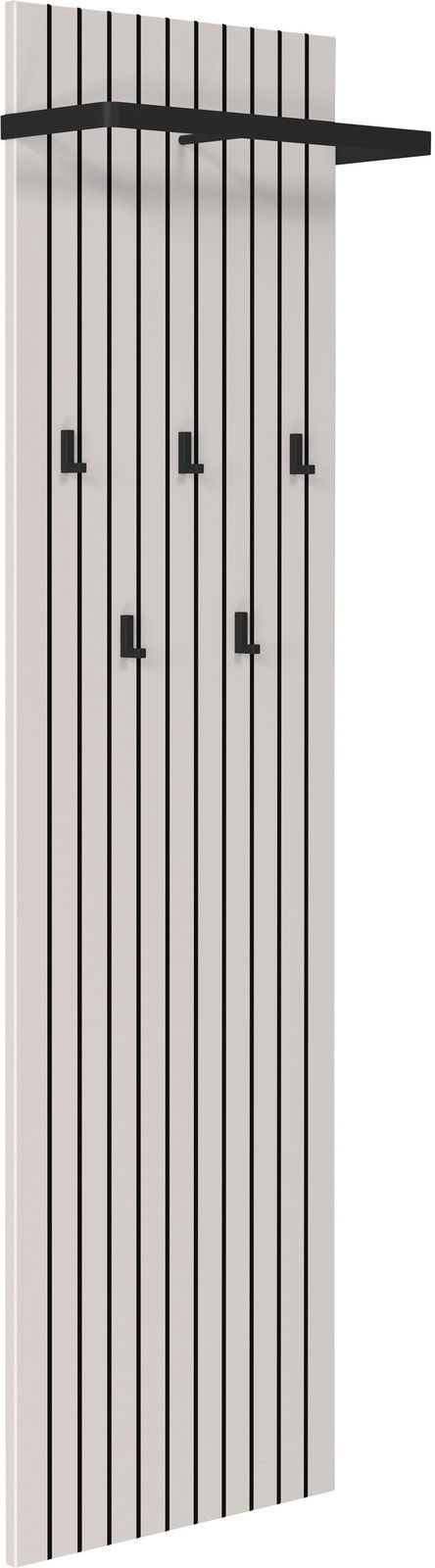 Garderobenpaneel mit vertikalen schwarzen Streifen und mehreren Haken, seitliche Perspektive